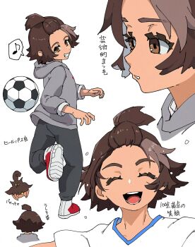 1boy ball brown_eyes brown_hair closed_eyes gen_6_pokemon grey_hoodie highres hood hoodie inazuma_eleven_(series) inazuma_eleven_victory_road kisoji_heita multiple_views nintendo open_mouth ozi8pm pokemon pokemon_(creature) pumpkaboo shirt short_shorts short_sleeves shorts simple_background soccer_ball translation_request white_background white_shirt