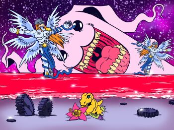 Rule 34 | agumon, angel, digimon, digimon (creature), digimon adventure, flower, highres, looking at another, monster girl, neon genesis evangelion, palmon, petals, plant girl, sharp teeth, teeth, the end of evangelion, thedumpzone, tokomon