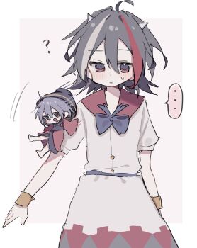 Rule 34 | ..., 2girls, :d, ?, ahoge, barefoot, black hair, blue bow, blue bowtie, blush, bow, bowl, bowl hat, bowtie, closed mouth, dress, expressionless, hair between eyes, hat, highres, japanese clothes, kijin seija, kimono, looking at viewer, maruten moko, medium hair, mini person, multicolored hair, multiple girls, open mouth, purple hair, red eyes, red kimono, short sleeves, small horns, smile, sukuna shinmyoumaru, sweatdrop, touhou, white dress