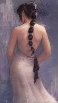 1girl artist_name back_cutout baldur's_gate baldur's_gate_3 bare_back black_hair braid clothing_cutout commentary dress dungeons_&amp;_dragons dungeons_&amp;_dragons english_commentary from_behind highres long_hair pointy_ears shadowheart_(baldur's_gate) solo txnshi white_dress