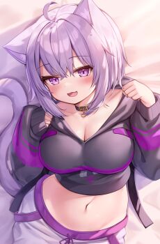 1girl absurdres ahoge bad_id bad_twitter_id black_choker black_jacket blush breasts cat_girl cat_tail choker cleavage deaver fang highres hololive jacket large_breasts long_sleeves looking_at_viewer lying midriff navel nekomata_okayu nekomata_okayu_(1st_costume) on_back open_mouth paw_pose purple_eyes purple_hair short_hair smile solo tail virtual_youtuber