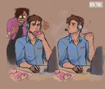 1boy 1girl bercybbc blue_shirt brown_eyes brown_hair bulging_eyes collared_shirt computer computer_mouse dispatch freckles headset invisible invisigal jacket looking_back robert_robertson shirt short_hair sleeves_rolled_up strangling teeth