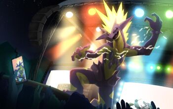 burdrehnar cellphone closed_eyes concert crowd drumsticks electricity fang gen_4_pokemon gen_8_pokemon holding holding_drumsticks holding_phone multiple_others night nintendo obstagoon on_one_knee open_mouth phone pokemon pokemon_(creature) pokemon_focus pokemon_tcg rotom rotom_phone second-party_source sharp_teeth skin_fang smartphone stage stage_lights star_(sky) teeth tongue tongue_out toxtricity toxtricity_(amped)