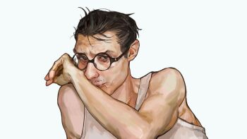 1boy aegyo_sal black_eyes black_hair commentary disco_elysium english_commentary furrowed_brow glasses hand_up highres kim_kitsuragi kozmoraven1610 looking_at_viewer male_focus shirt short_hair solo tank_top upper_body white_shirt wiping_face