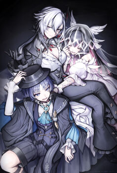 1boy 2girls absurdres aiguillette angel_wings arlecchino_(genshin_fes_2026)_(genshin_impact) arlecchino_(genshin_impact) arm_at_side arm_ribbon arm_up ascot black_background black_cloak black_coat black_corset black_eyes black_hair black_hat black_pants black_shoes black_shorts black_sleeves blue_ascot blue_gem blue_sleeves blunt_bangs blunt_ends blunt_tresses boater_hat bow breasts bright_pupils brooch cleavage cleavage_cutout clenched_hand cloak closed_eyes closed_mouth clothing_cutout coat coat_on_shoulders colored_extremities columbina_(genshin_fes_2026)_(genshin_impact) columbina_(genshin_impact) commentary_request coppepan corset crossed_legs detached_sleeves dress dress_shirt eyelashes eyeliner eyeshadow facing_another feathered_wings feathers fingernails formal_clothes frilled_pants frilled_shirt frilled_shirt_collar frilled_sleeves frills furrowed_brow gem genshin_impact hair_between_eyes hair_ornament hair_ribbon hand_up hat head_wings highres jewelry large_breasts layered_ascot layered_sleeves long_hair looking_at_another looking_at_viewer looking_back low-tied_long_hair makeup multicolored_hair multiple_girls multiple_wings official_alternate_costume on_bed open_clothes open_coat open_hand open_mouth pants parted_bangs pink_hair pom_pom_(clothes) puffy_sleeves purple_ascot purple_eyes purple_vest red_eyeliner red_eyeshadow red_pupils ribbon scaramouche_(genshin_impact) see-through_clothes see-through_veil sharp_fingernails shirt shoes shorts sidelocks sitting smile streaked_hair striped_clothes striped_shorts symbol-shaped_pupils teeth tress_ribbon tsurime undershirt upper_teeth_only veil very_long_hair vest wanderer_(genshin_fes_2026)_(genshin_impact) wanderer_(genshin_impact) white_bow white_dress white_hair white_pupils white_ribbon white_shirt white_sleeves white_trim white_veil white_wings wing_hair_ornament wings wispy_bangs wrist_bow x-shaped_pupils yellow_feathers