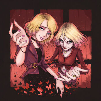 2girls animal_collar animal_print blonde_hair bloober_team blue_eyes breasts bug butterfly butterfly_tattoo chest_tattoo choker coat collar colored_bangs dual_persona flying glowing_iris highres hip_tattoo insect jacket jewelry konami kutakoru leopard_print leopard_print_skirt looking_at_viewer makeup maria_(silent_hill) miniskirt moth multicolored_hair multiple_girls nail_polish pink_hair pink_skirt red_coat red_iris red_jacket remake revealing_clothes ring short_hair silent_hill_(series) silent_hill_2 silent_hill_2_(remake) skirt smile smirk tattoo two-tone_hair unbuttoned unbuttoned_shirt wings wristband