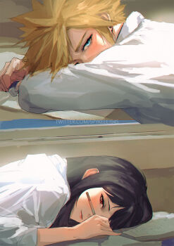 1boy 1girl arms_on_table black_hair blonde_hair blue_eyes closed_mouth cloud_strife commentary contemporary covered_mouth desk english_commentary eraser final_fantasy final_fantasy_vii final_fantasy_vii_remake head_on_table highres holding holding_pencil long_hair looking_at_another pencil school_desk school_uniform shirt short_hair spiked_hair split_screen spykeee tifa_lockhart twitter_username white_shirt