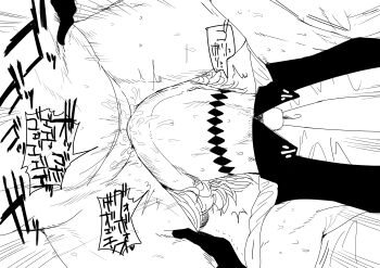 1boy 1girl absurdres blush cum deepthroat fellatio greyscale highres irrumatio kaiman_garupan levi_elipha monochrome motion_lines necktie nijisanji oral reverse_fellatio shirt sound_effects speech_bubble sweat virtual_youtuber