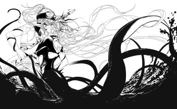 closed_eyes grabbing_another&#039;s_arm greyscale highres kalianabokalisi kiss monochrome path_to_nowhere pylgia_(path_to_nowhere) tentacles vanilla_(path_to_nowhere) white_background yuri