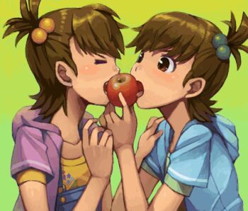 00s 2girls apple brown_eyes brown_hair closed_eyes drawr eating flipped_hair food fruit futami_ami futami_mami goe hair_bobbles hair_ornament holding holding_food holding_fruit hood hoodie idolmaster idolmaster_(classic) multiple_girls overalls sharing short_hair siblings side_ponytail simple_background sisters tongue twins