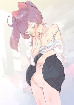 1girl aged_up ahoge bar_censor black_skirt blue_bra blush bow bra bra_pull censored cleft_of_venus closed_mouth clothes_down clothes_lift clothes_pull covering_own_mouth cowboy_shot flat_chest groin hair_bow highres hyakumangoku_masurao lifting_own_clothes long_hair manaka_laala nipples no_panties pink_bow pleated_skirt pretty_series pripara purple_hair pussy shirt short_sleeves skirt skirt_lift solo standing strap_slip twintails underwear white_shirt