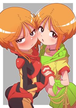 2girls absurdres boots border breasts covered_navel elpeo_puru gloves grey_background gundam gundam_zz highres holding_hands interlocked_fingers jewelry light_blush looking_at_viewer mecha_pilot_suit midriff military_uniform multiple_girls navel neo_zeon normal_suit_(gundam) onimaru_(onimal7802) orange_hair pendant puru_two red_boots red_gloves science_fiction short_hair small_breasts standing white_border