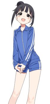 1girl bare_legs black_eyes black_hair blue_jacket blue_shorts blush blush_stickers commentary_request commission contrapposto gym_uniform hair_bun hiji_rida jacket kunoichi_tsubaki_no_mune_no_uchi looking_at_viewer mokuren_(kunoichi_tsubaki_no_mune_no_uchi) open_mouth own_hands_together shorts sidelocks simple_background single_hair_bun skeb_commission smile solo tareme thick_eyelashes thighs track_jacket white_background