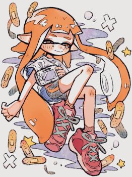 Rule 34 | 1girl, bandaid, bike shorts, black shorts, closed mouth, full body, game console, highres, inkling, inkling girl, inkling player character, long hair, nintendo, orange eyes, orange hair, pink shoes, pointy ears, shirt, shoelaces, shoes, short sleeves, shorts, single vertical stripe, smile, sneakers, solo, splatoon (series), splatoon 1, star (symbol), suku1do, t-shirt, tentacle hair, very long hair, white shirt, wii u, wii u gamepad