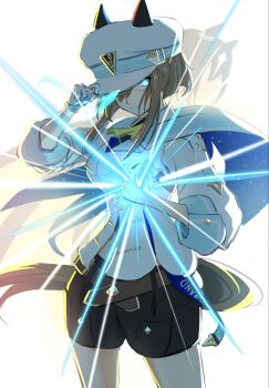 Rule 34 | animal ears, blue eyes, blush, breasts, brown hair, cheval grand (grand itineraire) (umamusume), cheval grand (umamusume), disfiro03, ear covers, ears through headwear, energy ball, hair between eyes, hat, hat belt, highres, horse ears, horse girl, horse tail, looking at viewer, multicolored hair, multiple girls, peaked cap, simple background, tail, umamusume, white background, white hair, white hat