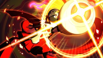 Rule 34 | 1girl, alternate design, armarouge, armor, armor cannon (pokemon), black helmet, border, breastplate, colored skin, cowboy shot, dutch angle, embers, fire, glowing, glowing eyes, helmet, highres, nintendo, ornate border, outstretched arm, pleated skirt, plume, pokemon, pokemon (creature), pokemon focus, red background, red scarf, red skin, red skirt, scarf, skirt, solo, sufferay, yellow armor