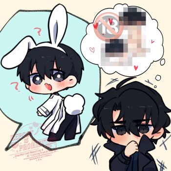 2boys animal_ear_hairband animal_ears arched_back black_coat black_eyes black_hair black_shirt blush censored coat collared_shirt covering_own_mouth double-parted_bangs fake_animal_ears fang hair_between_eyes hairband highres kim_dokja kimidori_22 looking_at_viewer looking_back male_focus mosaic_censoring multiple_boys omniscient_reader&#039;s_viewpoint open_clothes open_coat popped_collar rabbit_ear_hairband rabbit_ears rabbit_tail sex shirt short_hair skin_fang tail white_coat yaoi yoo_joonghyuk