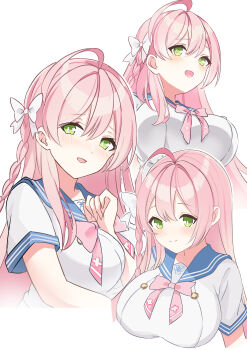 1girl :d absurdres ahoge blue_archive blue_sailor_collar bow braid breasts commentary_request green_eyes hair_between_eyes hair_bow hanako_(blue_archive) highres kamu_kotan large_breasts long_hair looking_at_viewer multiple_views no_halo open_mouth pink_bow pink_hair sailor_collar shirt simple_background smile white_background white_bow white_shirt