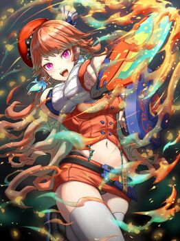 beret breasts cowboy_shot fire hat highres holding holding_shield holding_sword holding_weapon hololive hololive_english large_breasts long_hair miniskirt orange_hair orange_hat orange_skirt orange_vest panties purple_eyes shield skirt sword takanashi_kiara takanashi_kiara_(1st_costume) teku_(2nd_escape) thighhighs underwear vest virtual_youtuber weapon white_thighhighs