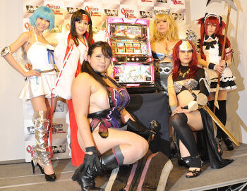 Rule 34 | asian, black hair, blonde hair, breasts, cattleya (queen's blade) (cosplay), chouzuki maryou, cosplay, glasses, looking at viewer, luu (cosplayer), multiple girls, photo (medium), plump, queen's blade, sideboob, thick thighs, thighs