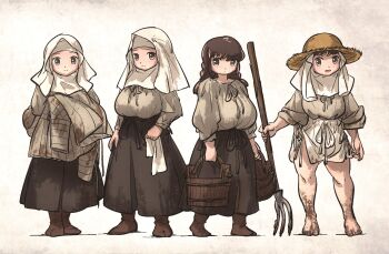 4girls barefoot belt braid brown_eyes brown_hair bucket dirty dirty_clothes dirty_feet gambeson habit hat highres ironlily linen_jacket long_hair medieval mud multiple_girls ordo_mediare_sisters_(ironlily) padded_armor pitchfork sun_hat veil white_veil