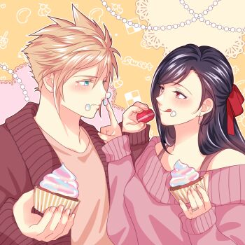 1boy 1girl ;q alternate_costume babigonice bare_shoulders black_hair blonde_hair blue_eyes blush brown_cardigan cardigan casual cloud_strife commentary couple cupcake earrings eating final_fantasy final_fantasy_vii final_fantasy_vii_remake finger_to_another's_nose food food_on_face grey_shirt hair_ribbon hetero highres holding holding_food jewelry long_hair long_sleeves looking_at_another off-shoulder_sweater off_shoulder one_eye_closed open_cardigan open_clothes pink_sweater red_eyes red_ribbon ribbon shirt short_hair spiked_hair sweater symbol-only_commentary tifa_lockhart tongue tongue_out upper_body