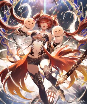 1girl animal_ears bare_shoulders black_choker black_shorts black_thighhighs breasts cerberus_(shingeki_no_bahamut) choker coco_(cygames) commentary_request dog_ears gacha_(game_mechanic) hand_puppet highres large_breasts long_hair looking_at_viewer mimi_(cygames) navel official_art open_mouth puppet red_eyes red_hair shadowverse shadowverse:_worlds_beyond shorts shula_dou side_slit side_slit_shorts spiked_choker spikes thighhighs twintails very_long_hair
