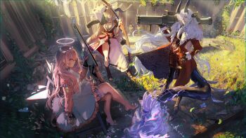 1girl 3girls absurdres alternate_costume animal_ears anna_williams anna_williams_(cosplay) aqua_eyes arknights arm_up baiken baiken_(cosplay) black_boots black_gloves black_horns black_kimono blonde_hair boots bracelet breasts chair choker cleavage closed_mouth clothing_cutout coat commission cosplay cross-laced_clothes cross-laced_top crossed_legs cupping_hand degenbrecher_(arknights) diagonal_bangs dragon_girl dragon_horns dragon_tail dress elphelt_valentine elphelt_valentine_(cosplay) energy_wings explosion eyepatch facial_tattoo fingerless_gloves full_body fur-trimmed_coat fur-trimmed_sleeves fur_trim gandy_(gan3e46) glove_cutout gloves goat_ears goat_girl goat_horns grass guilty_gear gun hair_over_one_eye hair_over_shoulder hairband halo highres holding holding_gun holding_rocket_launcher holding_weapon horns jacket japanese_clothes jewelry katana kimono large_breasts lemuen_(arknights) light_smile long_hair long_sidelocks looking_at_viewer multicolored_kimono multiple_girls necrass_(arknights) no_bra obi on_chair on_grass on_ground one-eyed open-toe_boots open_clothes open_coat outdoors pants pink_boots pink_eyes pink_halo pink_jacket plant red_coat red_kimono red_pants rifle rocket_launcher rope_belt sash scar scar_across_eye scar_on_face sheath short_dress sidelocks sitting skull_print spiked_bracelet spiked_choker spiked_hairband spiked_jacket spiked_legwear_garter spiked_thighlet spikes standing sword tail tattoo tekken thigh_boots thighs weapon white_hair white_kimono