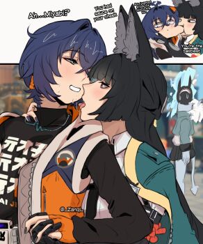 3girls absurdres animal_ear_fluff animal_ears belle_(zenless_zone_zero) biting biting_cheek black_hair black_necktie blue_hair blue_skin blush clothes_writing colored_skin commentary earrings english_text fox_ears fox_girl green_eyes green_jacket hair_ornament highres horns hoshimi_miyabi jacket jewelry letter_hair_ornament long_hair miniskirt multiple_girls nail_polish necklace necktie oni orange_jacket red_eyes saliva short_hair skirt soukaku_(zenless_zone_zero) symbol-only_commentary tail tailless_(zenless_zone_zero) yuri zanqi zenless_zone_zero