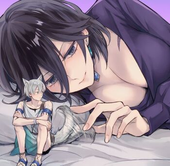 1boy 1girl afterimage animal_ear_fluff animal_ears black_eyes black_hair breasts cat_boy cat_ears closed_mouth commentary_request grel_(r6hgvu5) grey_hair hair_between_eyes kemonomimi_mode large_breasts lying octopath_traveler octopath_traveler_ii on_bed on_side short_hair sitting size_difference smile tail tail_wagging temenos_mistral throne_anguis