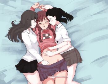 3girls arms_up black_eyes black_skirt blush braid brown_skirt closed_eyes clothes_pull commentary cowboy_shot english_commentary extra_arms fff_threesome from_above from_side grey_eyes group_sex hand_in_another&#039;s_clothes hand_under_clothes hand_under_shirt hand_under_skirt highres hiwonoafu lying madotsuki monoe monoko multiple_girls navel on_back on_side open_mouth panties panty_pull pussy_juice red_sweater sandwiched shirt skirt skirt_pull smile stomach sweater threesome turtleneck turtleneck_sweater twin_braids underwear white_panties white_shirt yume_nikki yuri