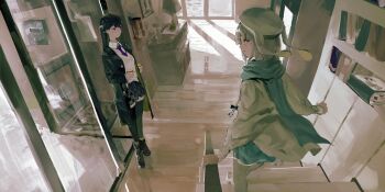 Rule 34 | 2girls, absurdres, bang dream!, bang dream! it's mygo!!!!!, beret, black coat, black hair, black shoes, black skirt, black thighhighs, blue scarf, blue skirt, breasts, brown eyes, closed mouth, coat, cup, disposable cup, grey hair, grey sweater, hair ornament, hairclip, hat, highres, holding, holding cup, indoors, jacket, lemtun, long hair, medium breasts, multiple girls, necktie, open clothes, open coat, open mouth, purple eyes, purple necktie, scarf, shiina taki, shoes, short hair, skirt, sweater, takamatsu tomori, thighhighs, white hat, white jacket, zettai ryouiki