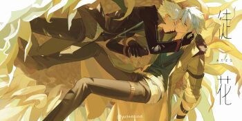 2boys absurdres black_gloves closed_eyes closed_mouth coat commentary_request crow_armbrust double-parted_bangs eiyuu_densetsu fur_collar gloves hair_between_eyes highres holding_hands long_sleeves male_focus mullet multiple_boys open_clothes open_coat pants rean_schwarzer red_eyes sen_no_kiseki sen_no_kiseki_(series) sen_no_kiseki_iv translation_request white_hair yusaazusa