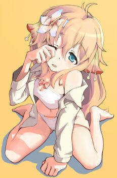 1girl animal_ears bad_id bad_pixiv_id barefoot bikini blonde_hair blue_eyes ciel_nosurge dog_ears dress_shirt female_focus flower gust hair_flower hair_ornament ionasal_kkll_preciel long_hair macho_edamatsu one_eye_closed rubbing_eyes shirt sitting sleepy solo surge_concerto swimsuit wariza white_bikini wink