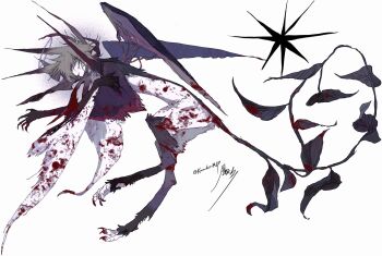 animal_ears animal_feet blonde_hair blood full_body highres kamikiririp monster monster_focus original plant_tail purple_wings solo sphinx white_background white_fur wings