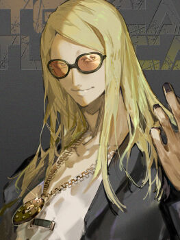 1boy black_jacket black_nails blonde_hair character_name closed_mouth commentary_request fate/grand_order fate_(series) grey_background highres jacket jewelry long_hair looking_at_viewer male_focus medallion necklace open_clothes open_jacket orange-tinted_eyewear shirt smile solo sunglasses suzuhi_(fullprayer) tezcatlipoca_(fate) tezcatlipoca_(first_ascension)_(fate) tinted_eyewear white_shirt