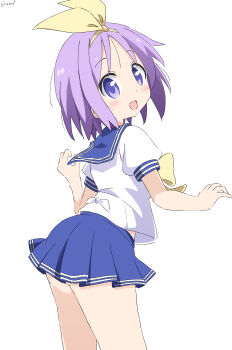 1girl :d absurdres ass blue_eyes blue_sailor_collar blue_skirt blush bow bow_hairband bowtie commentary_request cowboy_shot cynical_(llcbluckg_c004) from_behind hairband highres hiiragi_tsukasa looking_at_viewer lucky_star medium_hair midriff_peek miniskirt open_mouth pleated_skirt purple_hair ryouou_school_uniform sailor_collar school_uniform serafuku short_sleeves signature simple_background skirt smile solo thighs turning_head white_background yellow_bow yellow_bowtie yellow_hairband