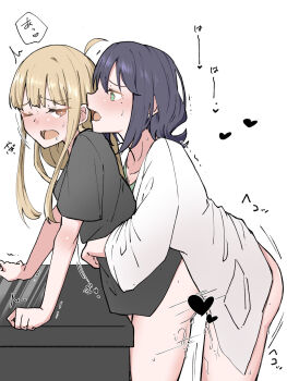 2girls against_table black_hair black_shirt blonde_hair blush bottomless censored cho_kaguya-hime! collarbone commentary from_behind futa_with_female futanari green_eyes green_shirt hand_wrapped_around_waist heart heart_censor highres himero implied_futanari kaguya_(cho_kaguya-hime!) leaning_forward long_hair long_sleeves looking_at_another medium_hair motion_lines multiple_girls one_eye_closed open_mouth pocket pussy_juice sakayori_iroha sex sex_from_behind shirt short_sleeves simple_background standing standing_sex table trembling white_shirt