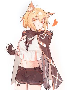 1girl absurdres ahoge animal_ear_fluff animal_ears arknights bare_shoulders black_cape black_shorts blonde_hair blush cape commentary_request cropped_shirt fingerless_gloves fox_ears fox_girl fukafire0913 gloves groin highres hood hood_down hooded_cape infection_monitor_(arknights) jewelry mechanical_arms midriff missing_tail necklace notched_ear orange_eyes shirt short_hair shorts single_mechanical_arm solo tooth_necklace vermeil_(arknights) wavy_mouth white_shirt