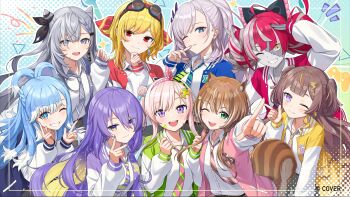 Rule 34 | 6+girls, :d, ;), ;d, absurdres, ahoge, airani iofifteen, animal ears, anya melfissa, aqua eyes, area 15, arm up, artist request, asymmetrical bangs, asymmetrical hair, ayunda risu, black bow, black ribbon, blonde hair, blonde streaks, blue bow, blue eyes, blue hair, blunt bangs, blunt ends, bow, bow hairband, braid, braided bangs, brown hair, closed mouth, collared shirt, color-coded, colored skin, colored tips, commentary request, cone hair bun, copyright notice, diagonal-striped clothes, diagonal-striped necktie, double-parted bangs, double bun, double w, dress shirt, feather hair ornament, feathers, goggles, goggles on head, gradient hair, green eyes, green hairband, grey hair, grey skin, grey streaks, grin, group picture, hair behind ear, hair bow, hair bun, hair ornament, hair over one eye, hair ribbon, hairband, hairclip, half up braid, halftone, halftone background, hand on own chin, hand to own mouth, hand up, hands up, high ponytail, highres, holoh3roes, hololive, hololive indonesia, hololive indonesia school uniform, holoro, indonesian commentary, inset border, jacket, kaela kovalskia, kobo kanaeru, kureiji ollie, leaf hair ornament, letterman jacket, long hair, long sidelocks, long sleeves, looking at viewer, low twintails, medium hair, moona hoshinova, multicolored hair, multicolored hairband, multiple girls, necktie, official art, one eye closed, open clothes, open jacket, open mouth, outline, palette hair ornament, parted bangs, patchwork skin, pavolia reine, pink hair, pink hairband, pointing, pointing at viewer, ponytail, purple eyes, purple hair, red bow, red eyes, red hair, ribbon, ringed eyes, salute, school uniform, second-party source, shirt, side ponytail, side up bun, sidelocks, single sidelock, smile, split ponytail, squirrel ears, squirrel girl, squirrel tail, stitched face, stitches, streaked hair, striped clothes, swept bangs, symbol-shaped pupils, tail, teeth, twintails, two-tone hair, two-tone hairband, two side up, upper body, upper teeth only, v, very long hair, vestia zeta, virtual youtuber, w, wavy hair, white outline, white shirt, white skin, white streaks, x-shaped pupils, yellow eyes, yellow jacket, zombie