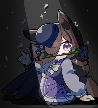1girl :3 animal_ears blue_flower blue_hat blue_rose blush bow bowtie brown_hair brown_shoes flower flower_in_mouth full_body hair_over_one_eye hand_up hat hat_flower horse_ears horse_girl horse_tail index_finger_raised long_hair long_sleeves looking_at_viewer pantyhose pleated_skirt purple_eyes purple_pantyhose purple_serafuku purple_shirt purple_skirt rice_shower_(umamusume) rose school_uniform serafuku shirt shoes sitting skirt solo spotlight tail temu_(kobaeihuk) tilted_headwear tracen_school_uniform umamusume white_bow white_bowtie winter_uniform