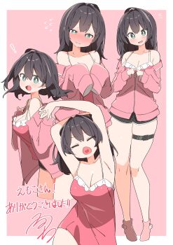 Rule 34 | !, 1girl, :d, absurdres, babydoll, bare legs, belt, black hair, black shorts, blush, border, breasts, bright pupils, cleavage, closed eyes, commentary request, commission, cropped legs, flying sweatdrops, frilled babydoll, from side, full body, green eyes, grin, heart, heart in mouth, highres, jacket, looking at viewer, medium breasts, medium hair, multi-source commentary, multiple views, no nose, nose blush, off shoulder, open clothes, open jacket, open mouth, original, outside border, parted lips, partial commentary, pink babydoll, pink background, pink jacket, pink socks, short shorts, shorts, signature, simple background, skeb commission, sleeves past fingers, sleeves past wrists, smile, socks, straight-on, tearing up, thank you, thigh belt, thigh strap, thighs, uruti 2388, white border, white pupils, yawning