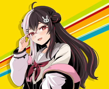 1girl adjusting_eyewear ahoge anime_coloring black_hair blush bright_pupils brown_cardigan cardigan colorful_background commentary_request double_bun drop_shadow glasses grey_hair grey_sailor_collar hair_bun hair_ornament haniwa_(leaf_garden) highres jacket long_hair long_sidelocks long_sleeves looking_at_viewer multicolored_hair nijisanji off_shoulder official_alternate_costume open_clothes open_jacket open_mouth over-rim_eyewear pink_streaks rabbit_hair_ornament red-framed_eyewear red_eyes red_nails sailor_collar school_uniform semi-rimless_eyewear shirt side_up_bun sidelocks smile solo split-color_hair streaked_hair two-tone_hair upper_body virtual_youtuber white_jacket white_pupils white_shirt yellow_background yorumi_rena yorumi_rena_(9th_costume)