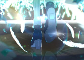 1girl absurdres april_fools blue_boots boots close-up commentary_request feathers feet_only glowstick high_heel_boots high_heels highres hirayama_kanna idol lens_flare official_art otonari_no_tenshi-sama_ni_itsu_no_mani_ka_dame_ningen_ni_sarete_ita_ken reflection shiina_mahiru_(otonari_no_tenshi-sama) socks solo stage standing standing_on_one_leg striped_clothes striped_socks vertical-striped_clothes vertical-striped_socks