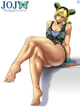 1girl absurdres arm_support ass bare_legs barefoot bottomless braid braided_base breasts cleavage cone_hair_bun crossed_legs curvy double_bun female_focus full_body green_eyes green_hair green_lips hair_bun highres huge_ass jojo_no_kimyou_na_bouken king_nothing_(new_artist1) kuujou_jolyne large_breasts lips lipstick makeup matching_hair/eyes multicolored_hair nail_polish sitting solo spider_web_print stone_ocean thick_thighs thighs toenail_polish toenails two-tone_hair