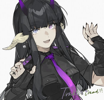 1girl black_hair black_nails blunt_bangs duohe_java final_fantasy final_fantasy_xiv gift_art hands_up heterochromia horns long_hair looking_at_viewer nail_polish necktie purple_necktie second-party_source signature simple_background solo upper_body warrior_of_light_(ff14) white_background