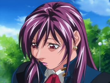 00s 1girl 2004 animated animated_gif bible_black bible_black_new_testament blazer bow bowtie breasts cleavage cleavage_cutout clothing_cutout earrings female_focus ichikawa_aki jacket jewelry lipstick long_coat long_hair makeup purple_hair red_eyes salute shin_bible_black sidelocks tagme