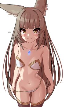 1girl absurdres animal_ears bra brown_eyes brown_hair chest_jewel commentary english_commentary highres long_hair navel nia_(xenoblade) stomach strap_pull strapless strapless_bra underwear very_long_hair x_xith_x xenoblade_chronicles_(series) xenoblade_chronicles_2