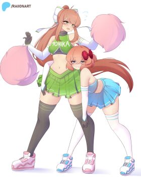 Rule 34 | :3, absurdres, bare shoulders, black thighhighs, blue eyes, blue shoes, blue skirt, bow, brown hair, cheerleader, closed mouth, crop top, detached sleeves, doki doki literature club, floating hair, green eyes, green skirt, hair between eyes, hair bow, highres, invisible floor, leaning forward, leaning on person, long hair, looking at another, looking at viewer, midriff, monika (doki doki literature club), multicolored shoes, navel, open mouth, patreon logo, patreon username, pink shoes, pleated skirt, pom pom (cheerleading), ponytail, raion (raionart), red bow, sayori (doki doki literature club), shoes, short hair, sidelocks, simple background, skirt, smug, standing, sweatdrop, thighhighs, two-tone shoes, white background, white bow, white shoes, white sleeves, white thighhighs, zettai ryouiki