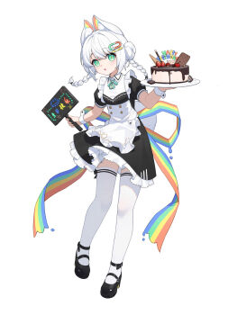 1girl animal_ear_fluff animal_ears apron bad_source birthday_cake black_dress bow braid breasts cake double_bun dress fenlinhuoshan food frilled_apron frilled_dress frills fruit full_body green_eyes hair_between_eyes hair_bun hair_ornament hairclip happy_birthday highres holding holding_tray long_hair looking_at_viewer maid mary_janes menu original parted_lips pink_pupils puffy_short_sleeves puffy_sleeves rainbow rainbow_bow ribbon shoes short_sleeves simple_background solo standing strawberry thighhighs tray twin_braids waist_apron white_apron white_background white_hair white_thighhighs wrist_cuffs
